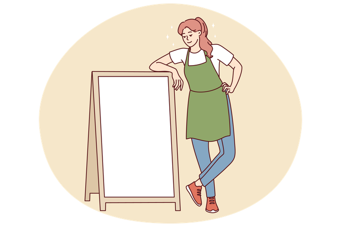 Smiling waitress near mockup board  Illustration