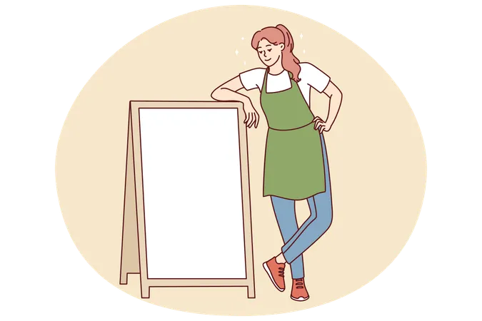 Smiling waitress near mockup board  Illustration