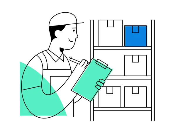 Smiling warehouse worker performs inventory check with clipboard  Illustration