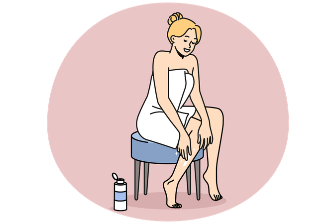 Smiling woman apply lotion on body  Illustration