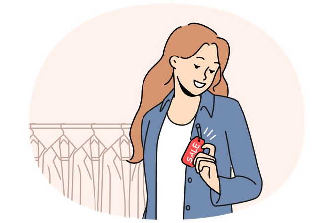 Smiling woman buying jacket on sale  Illustration