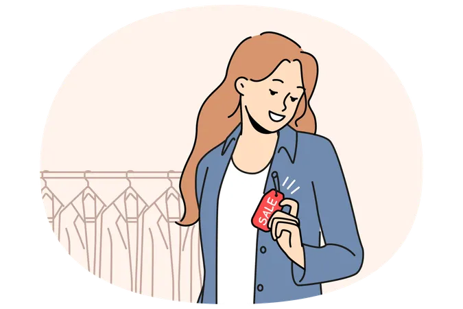 Smiling woman buying jacket on sale  Illustration