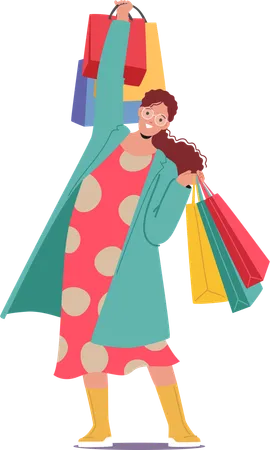 Smiling woman carrying many shopping bags with fashion purchases in hands  Illustration