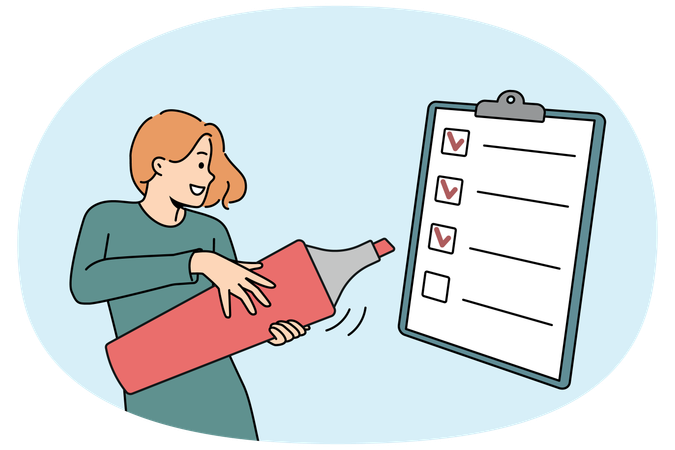Smiling woman check box on paperwork  Illustration