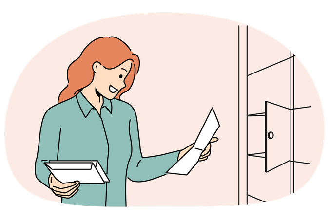 Smiling woman check mail near mailbox  Illustration