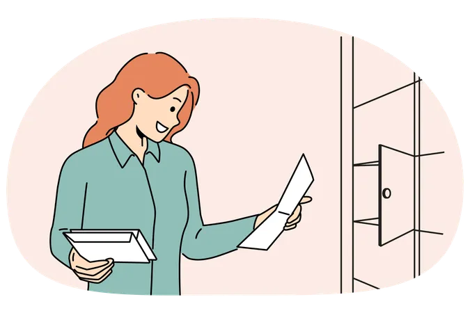 Smiling woman check mail near mailbox  Illustration