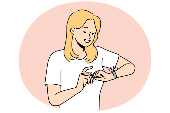 Smiling woman check time on wristwatch  Illustration