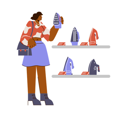 Smiling woman chooses iron at electronic shop  Illustration