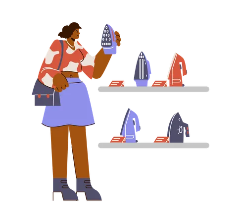 Smiling woman chooses iron at electronic shop  Illustration