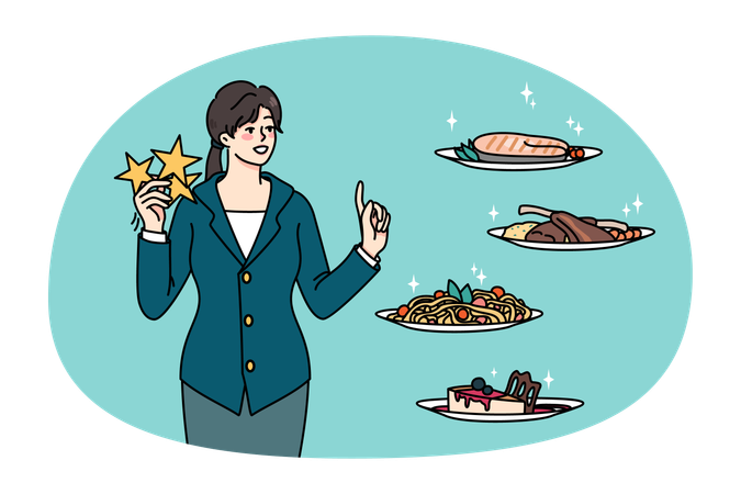 Smiling woman client rate dishes in restaurant  Illustration