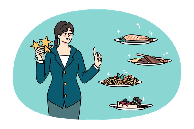 Smiling woman client rate dishes in restaurant  Illustration