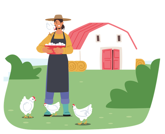 Smiling Woman Collects Fresh Eggs In Basket On Sunny Farm Day  Illustration