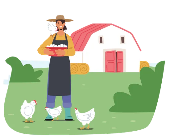 Smiling Woman Collects Fresh Eggs In Basket On Sunny Farm Day  Illustration