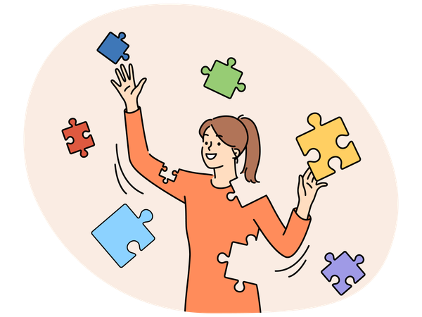Smiling woman connect puzzles rebuild personality  Illustration