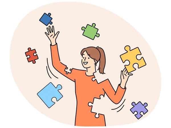 Smiling woman connect puzzles rebuild personality  Illustration