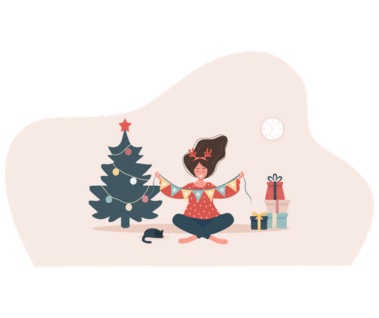 Smiling woman decorating Christmas tree. New year vintage postcard. Illustration