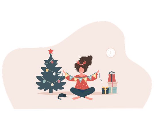 Smiling woman decorating Christmas tree. New year vintage postcard.  Illustration