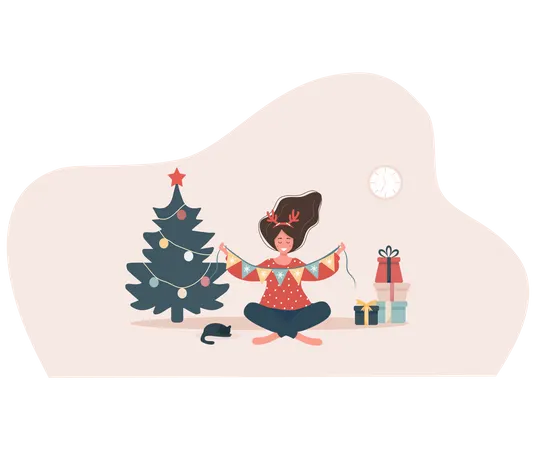 Smiling woman decorating Christmas tree. New year vintage postcard.  Illustration