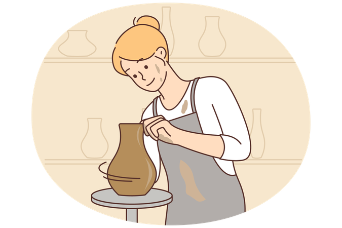 Smiling woman do clay vase at workshop  Illustration