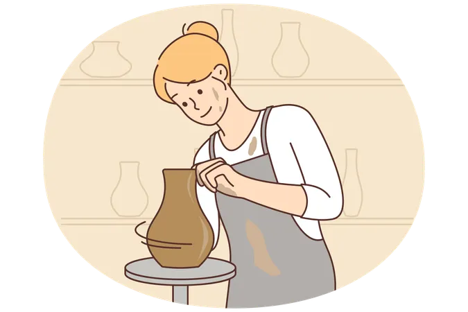 Smiling woman do clay vase at workshop  Illustration