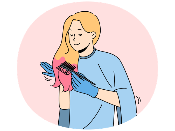 Smiling woman dying hair at home  Illustration