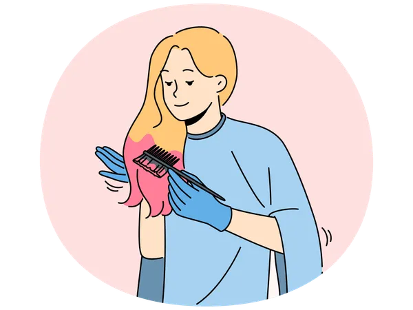 Smiling woman dying hair at home  Illustration