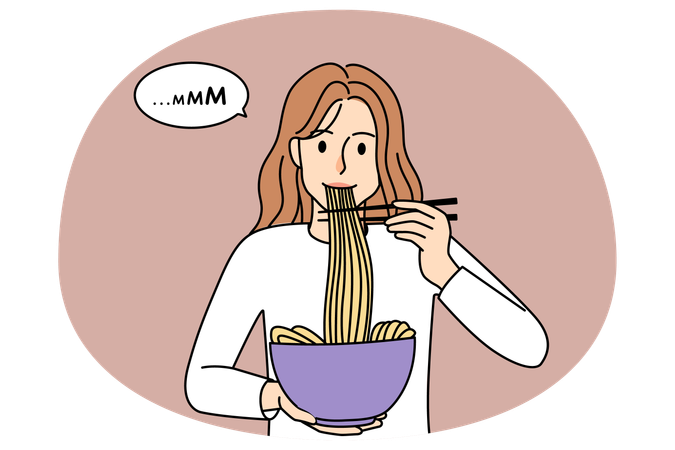 Smiling woman eat noodles with chopsticks  Illustration