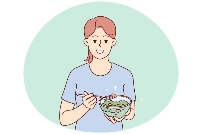 Smiling woman eating healthy vegetable salad  Illustration