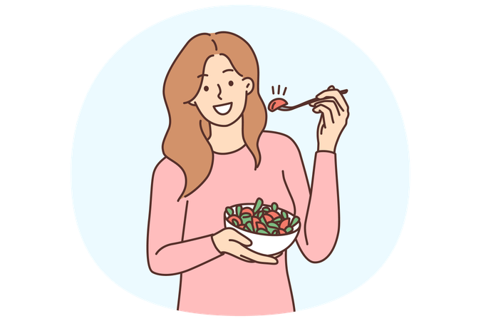サラダを食べる笑顔の女性  イラスト