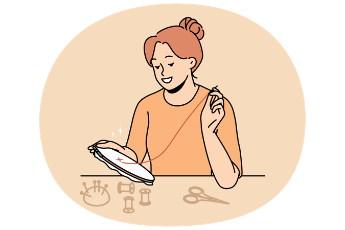Smiling woman embroidering at home  Illustration