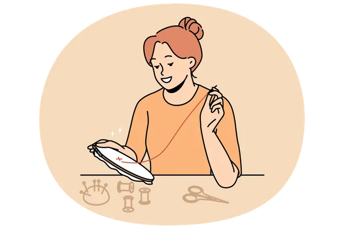 Smiling woman embroidering at home  Illustration