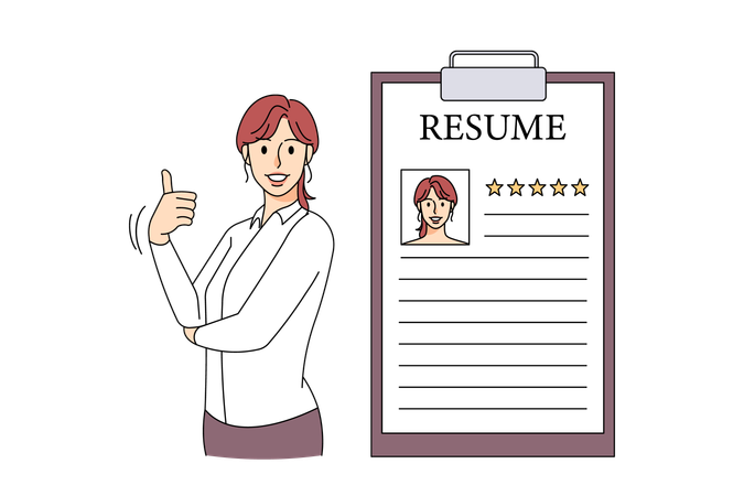 Smiling woman employee stand next to CV  Illustration