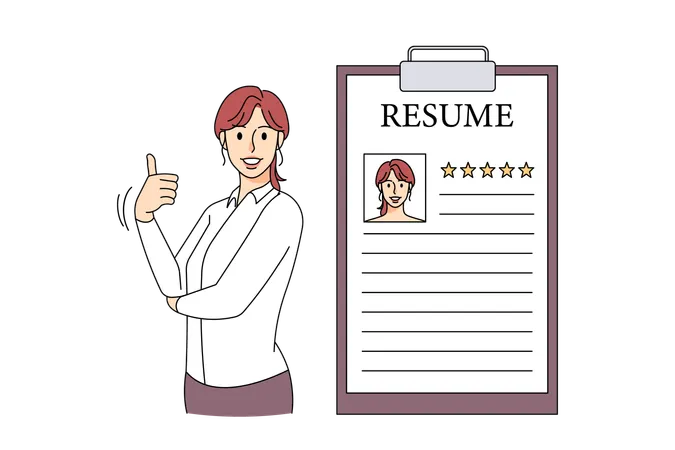 Smiling woman employee stand next to CV  Illustration
