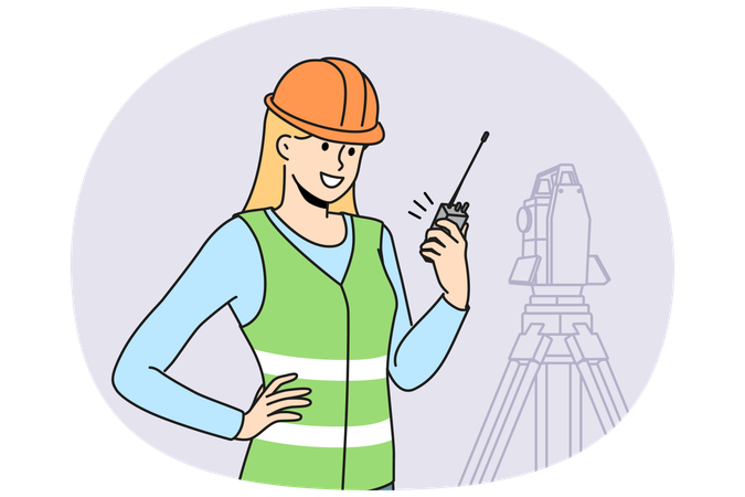 Smiling woman engineer work with geodetic equipment  Illustration