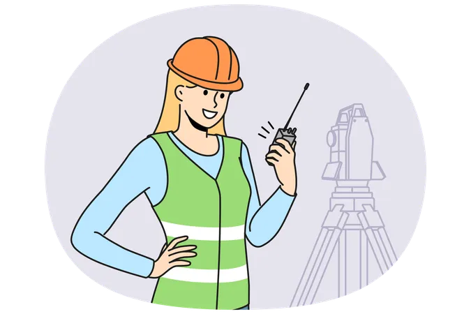 Smiling woman engineer work with geodetic equipment  Illustration
