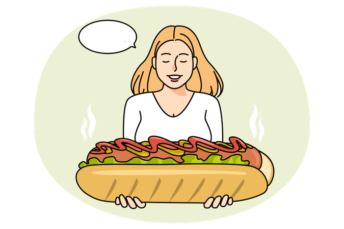 Smiling woman enjoy huge hot dog  Illustration