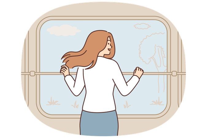 Smiling woman enjoy nature view from train window  Illustration