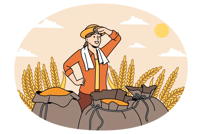 Smiling woman farmer standing after working day with sacks full of harvested rye in field  Illustration