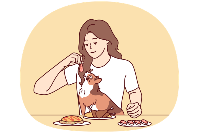 Smiling woman feeding cat from table  Illustration