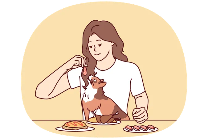 Smiling woman feeding cat from table  Illustration