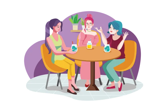 Smiling woman friends meeting and talking in the cafe  Illustration