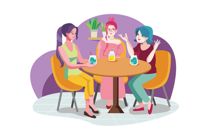 Smiling woman friends meeting and talking in the cafe  Illustration