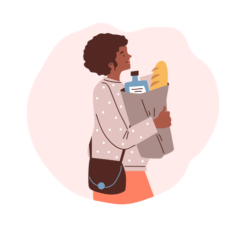 Smiling woman going with paper bag of products  Illustration