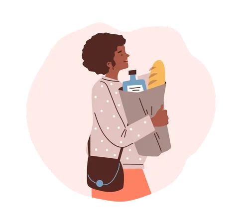 Smiling woman going with paper bag of products  Illustration