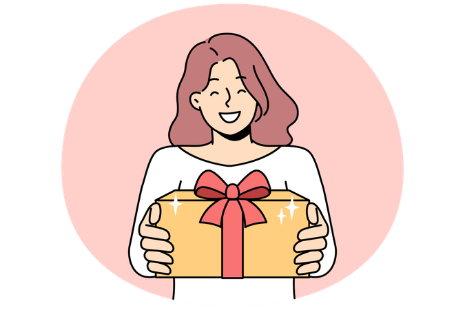 Smiling woman greeting presenting gift  Illustration