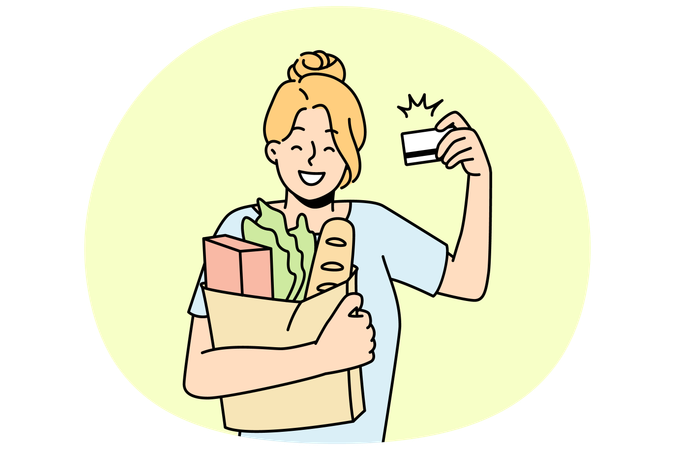Smiling woman grocery shopping with credit card  Illustration