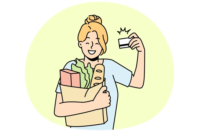 Smiling woman grocery shopping with credit card  Illustration