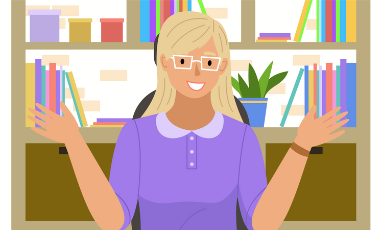 Smiling woman having conference video call. Beautiful girl is chatting online, working from home Illustration