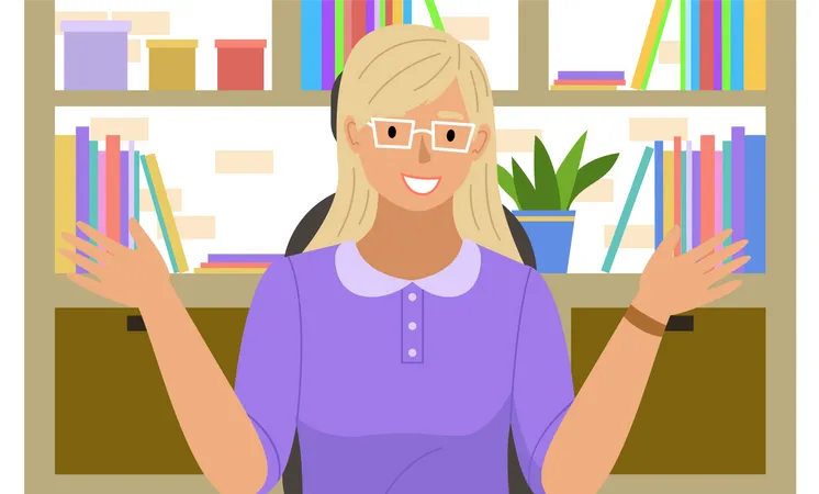 Smiling woman having conference video call. Beautiful girl is chatting online, working from home  Illustration