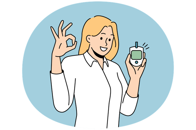 Smiling woman hold blood test monitor show ok  Illustration